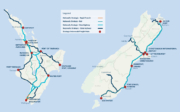 Map of New Zealand showing strategic national and regional transport routes and Intermodel freight hubs