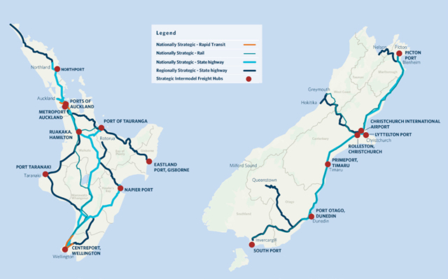 Map of New Zealand showing strategic national and regional transport routes and intermodel freight hubs