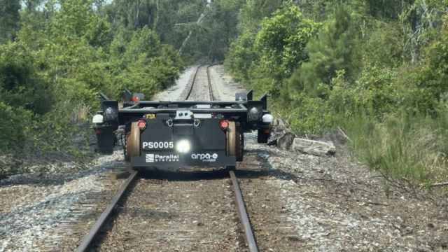 A Parallel Systems automated wagon sitting on a railway line.
