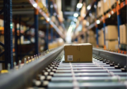 A cardboard box package moving through an automated warehouse on a roller conveyor belt