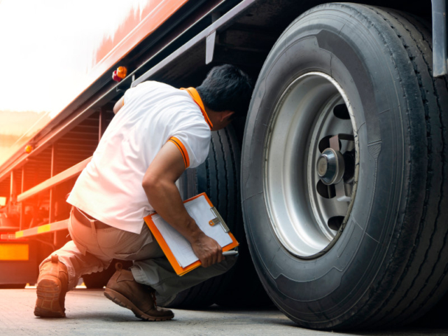 A vehicle inspector is dwarfed by a large wheel as he looks under the tray of a 20 tonne truck.